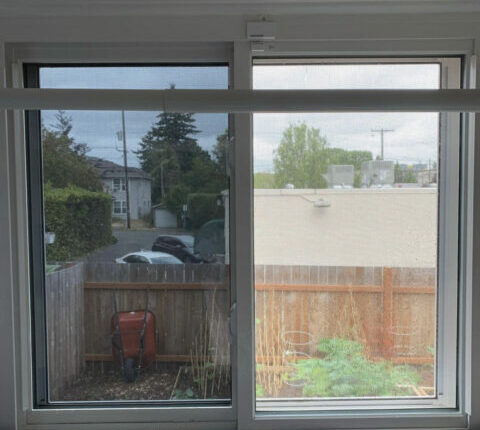 A residential window featuring solar heat-rejecting film installed by OneWorld Window Tinting