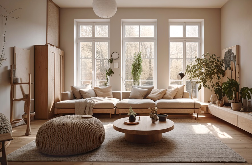 Interior view of a home with big windows and furniture.