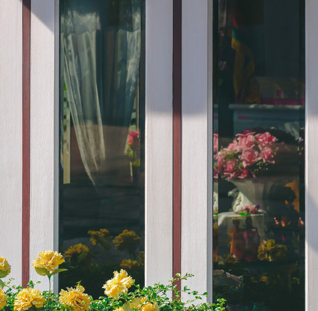 White wooden windows with tinted glass surface.